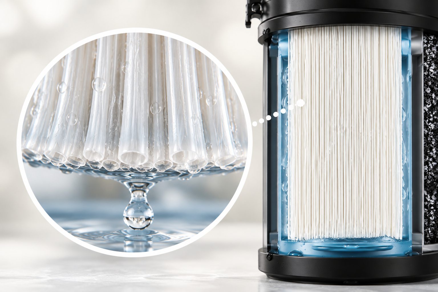 Hollow-fiber membrane cartridge with a magnified view of the fine hollow tubes and water droplets.