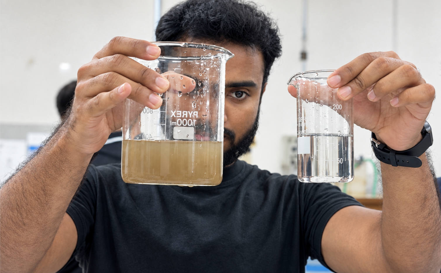 A Hydra team member in a laboratory holding two beakers, one with cloudy water and one with clear water.