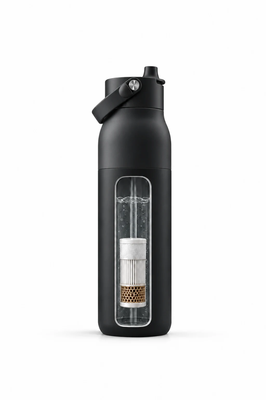 Black HYDRA bottle cutaway showing the lower pre-filter, middle hollow fibers and upper final filtration section