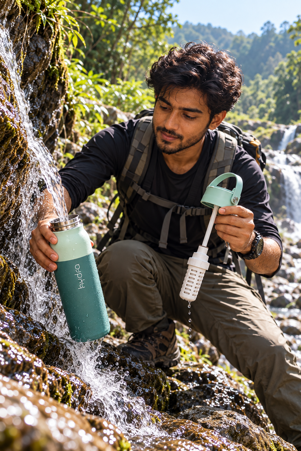 A hiker holding the filter and lid of a green Hydra while refilling the bottle.