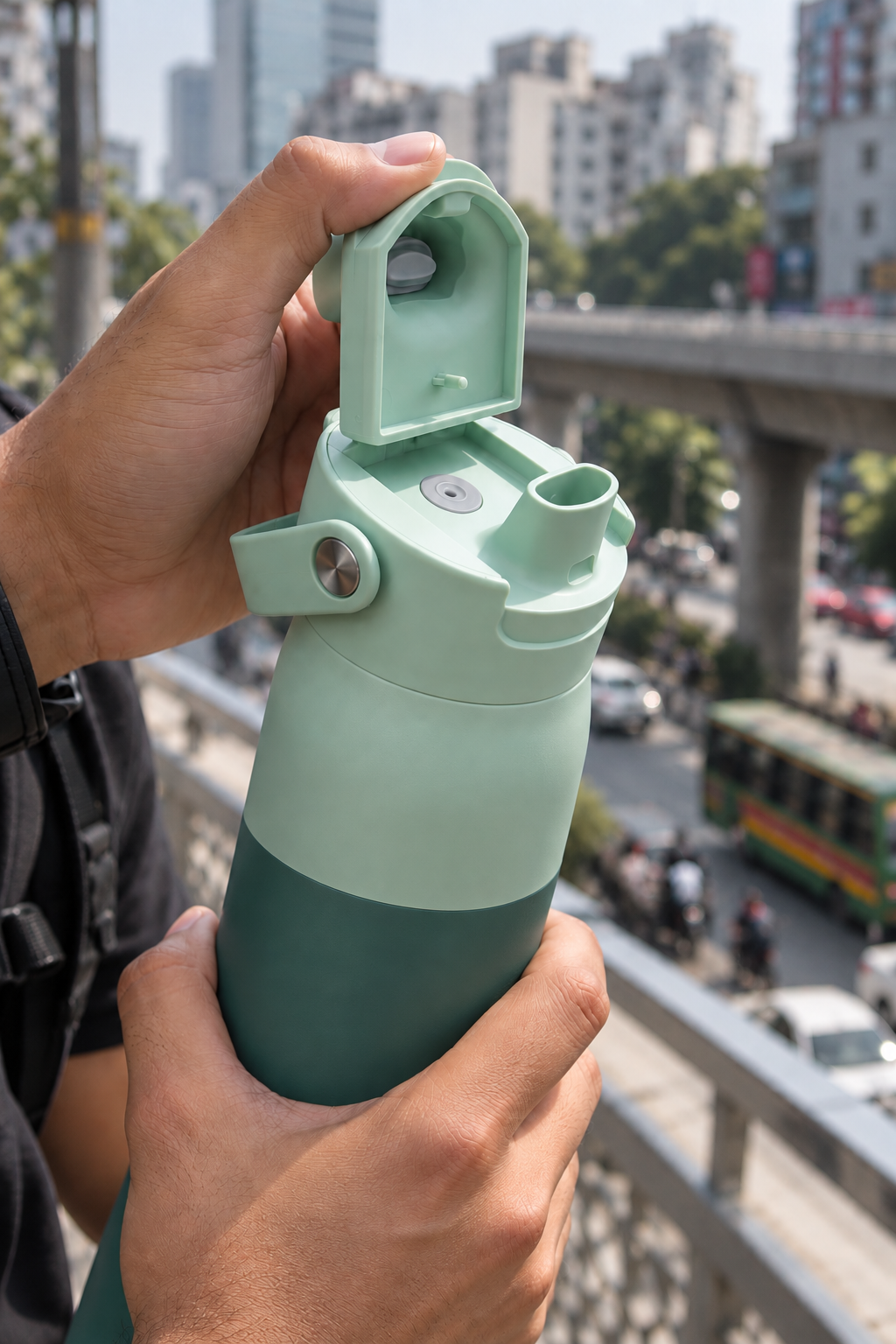 Close-up of a green Hydra with its mouthpiece cover open.