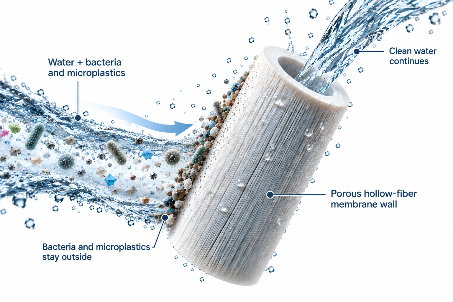 Enlarged hollow-fiber illustration: water containing bacteria and microplastics approaches from the left. These contaminants stay outside the porous membrane wall while filtered water continues upward through the hollow center.